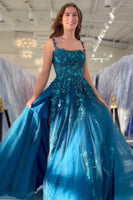 Load image into Gallery viewer, Sparkly Peacock Blue A Line Long Formal Dress with Appliques