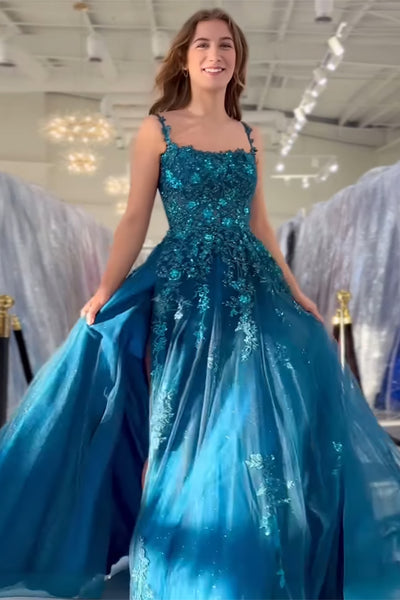 Sparkly Peacock Blue A Line Long Formal Dress with Appliques