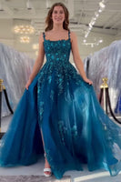 Load image into Gallery viewer, Sparkly Peacock Blue A Line Long Formal Dress with Appliques