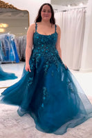 Load image into Gallery viewer, Sparkly Peacock Blue A Line Long Formal Dress with Appliques