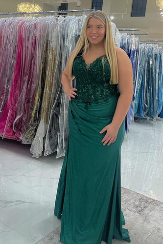Emerald Green Plus Size Corset Long Formal Dress with Appliques