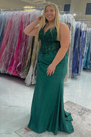 Load image into Gallery viewer, Emerald Green Plus Size Corset Long Formal Dress with Appliques