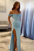 Load image into Gallery viewer, Light Blue Corset Ruched Satin Long Formal Dress with Slit