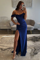 Load image into Gallery viewer, Light Blue Corset Ruched Satin Long Formal Dress with Slit