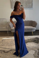 Load image into Gallery viewer, Light Blue Corset Ruched Satin Long Formal Dress with Slit