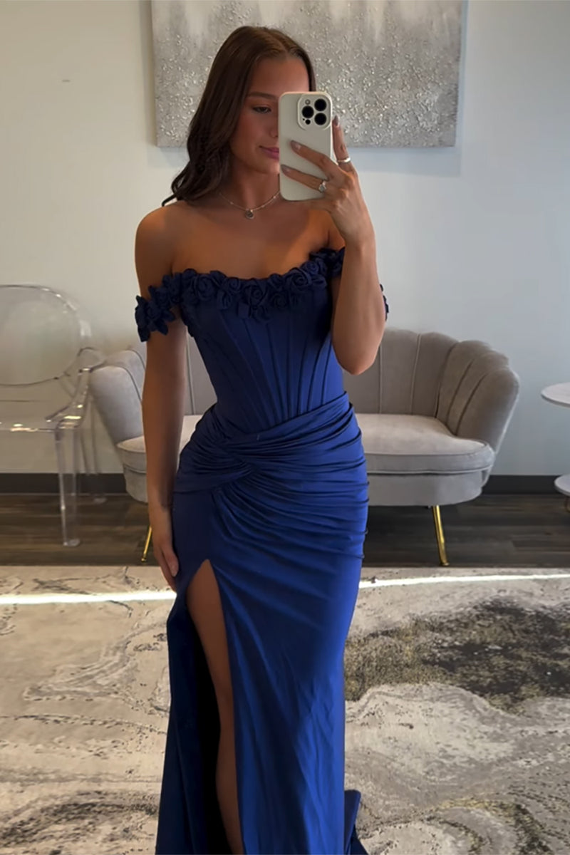 Load image into Gallery viewer, Light Blue Corset Ruched Satin Long Formal Dress with Slit