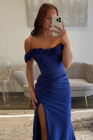 Load image into Gallery viewer, Light Blue Corset Ruched Satin Long Formal Dress with Slit
