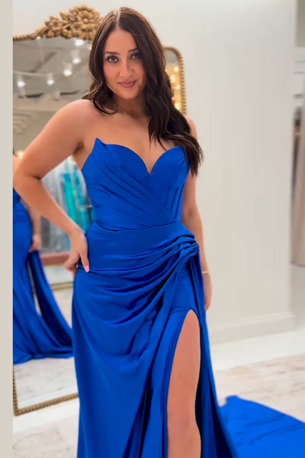 Royal Blue Satin Sheath Long Formal Dress with Slit