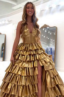 Load image into Gallery viewer, Gold Metallic Corset Tiered V-Neck Long Formal Dress