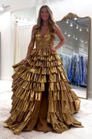 Load image into Gallery viewer, Gold Metallic Corset Tiered V-Neck Long Formal Dress