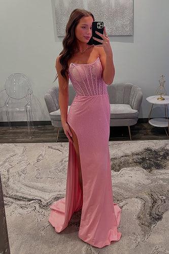Pink Corset Glitter Satin Long Formal Dress with Slit