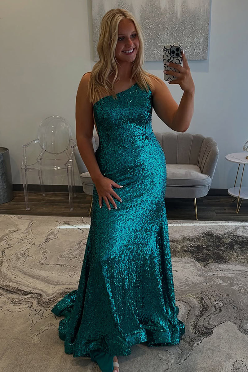 Load image into Gallery viewer, Sparkly Blue Sequin One Shoulder Long Formal Dress
