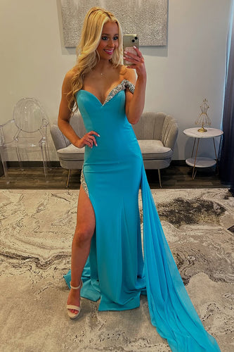 Blue Satin Long Mermaid Formal Dress with Slit