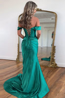 Load image into Gallery viewer, Emerald Green Satin Mermaid Long Corset Formal Dress with Slit