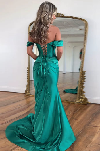 Emerald Green Satin Mermaid Long Corset Formal Dress with Slit