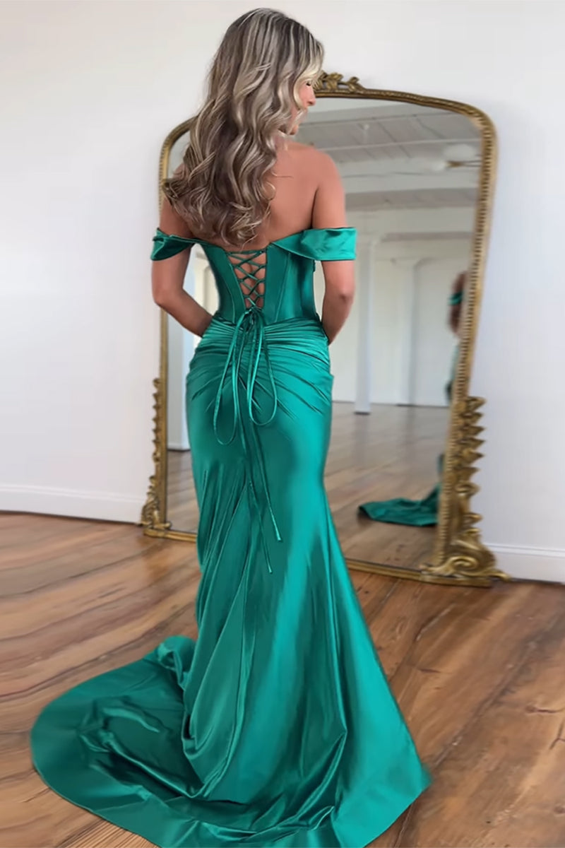 Load image into Gallery viewer, Emerald Green Satin Mermaid Long Corset Formal Dress with Slit