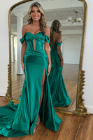 Load image into Gallery viewer, Emerald Green Satin Mermaid Long Corset Formal Dress with Slit