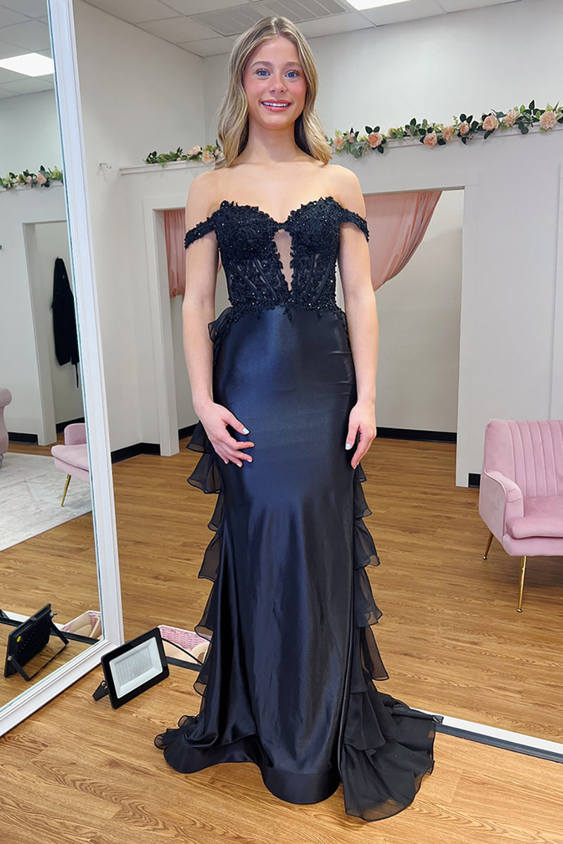 Load image into Gallery viewer, Navy Corset Ruffled Long Formal Dress with Lace