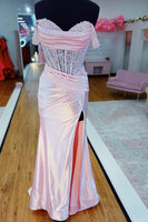 Load image into Gallery viewer, Pink Corset Mermaid Satin Long Formal Dress with Slit