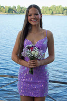 Load image into Gallery viewer, Sparkly Purple Sequin Bodycon Short Formal Dress