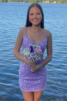 Load image into Gallery viewer, Sparkly Purple Sequin Bodycon Short Formal Dress