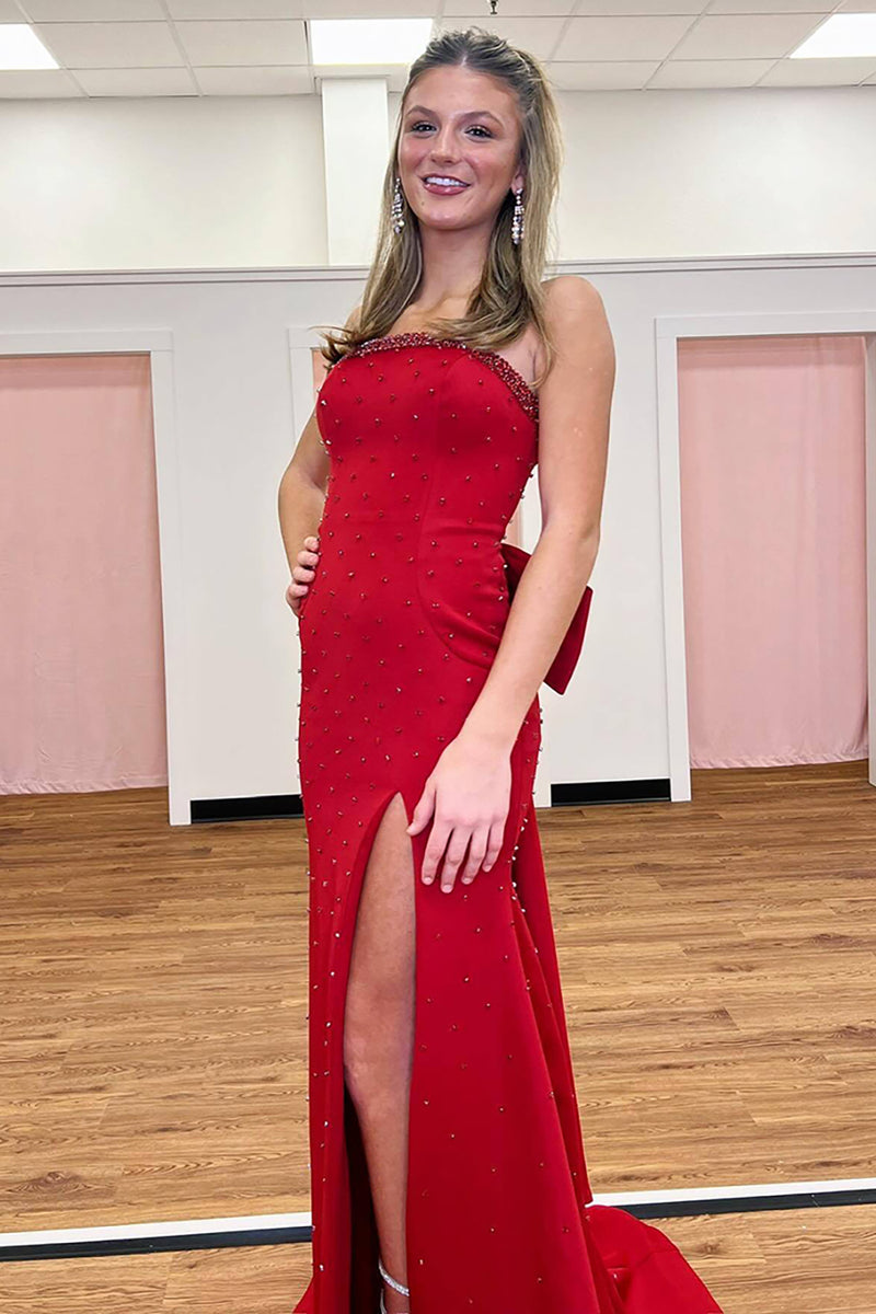 Load image into Gallery viewer, Sparkly Red Beaded Mermaid Satin Long Formal Dress with Slit