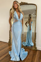 Load image into Gallery viewer, Sparkly Light Blue Satin Sheath Long Formal Dress with Beading