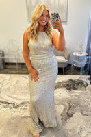 Load image into Gallery viewer, Sparkly Silver Sequin Plus Size Mermaid Long Formal Dress