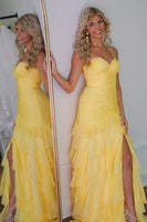 Load image into Gallery viewer, Yellow Chiffon Ruffled Long Formal Dress with Slit