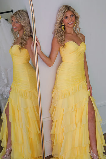 Yellow Chiffon Ruffled Long Formal Dress with Slit