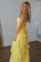 Load image into Gallery viewer, Yellow Chiffon Ruffled Long Formal Dress with Slit