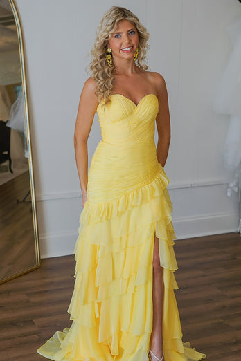 Yellow Chiffon Ruffled Long Formal Dress with Slit
