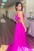 Load image into Gallery viewer, Fuchsia A Line Satin Long Formal Dress with Bow