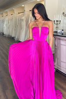 Load image into Gallery viewer, Fuchsia A Line Satin Long Formal Dress with Bow