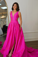 Load image into Gallery viewer, Fuchsia V-Neck Satin Long Formal Dress with Slit