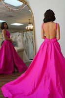 Load image into Gallery viewer, Fuchsia V-Neck Satin Long Formal Dress with Slit