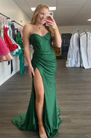 Load image into Gallery viewer, Sparkly Dark Green Beaded Corset Long Formal Dress with Slit