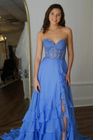 Load image into Gallery viewer, Blue Corset Tiered Long Chiffon Formal Dress with Appliques