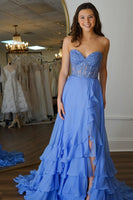 Load image into Gallery viewer, Blue Corset Tiered Long Chiffon Formal Dress with Appliques