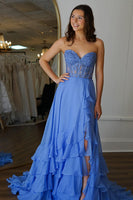Load image into Gallery viewer, Blue Corset Tiered Long Chiffon Formal Dress with Appliques