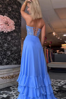 Load image into Gallery viewer, Blue Chiffon Strapless Corset Long Formal Dress with Appliques