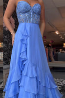 Load image into Gallery viewer, Blue Chiffon Strapless Corset Long Formal Dress with Appliques
