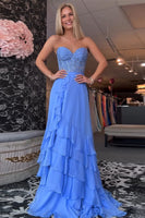 Load image into Gallery viewer, Blue Chiffon Strapless Corset Long Formal Dress with Appliques