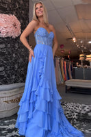 Load image into Gallery viewer, Blue Chiffon Strapless Corset Long Formal Dress with Appliques