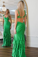 Load image into Gallery viewer, Green Sheath Cut Out Long Formal Dress with Ruffles