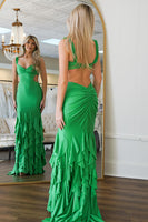 Load image into Gallery viewer, Green Sheath Cut Out Long Formal Dress with Ruffles
