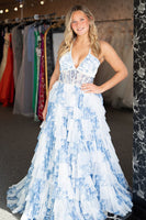 Load image into Gallery viewer, Wihte Blue A Line Corset Long Formal Dress with Ruffles