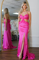 Load image into Gallery viewer, Fuchsia Ruffled Sheath Long Formal Dress with Slit
