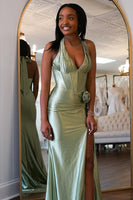 Load image into Gallery viewer, Sage Corset Halter Long Satin Formal Dress with Slit