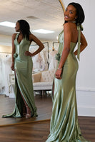 Load image into Gallery viewer, Sage Corset Halter Long Satin Formal Dress with Slit